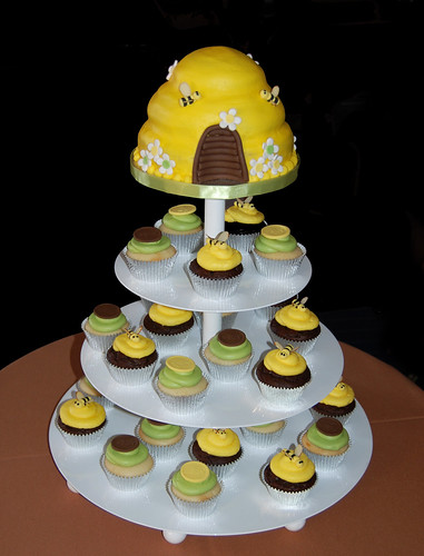 brown and green bee themed baby shower cupcake tower