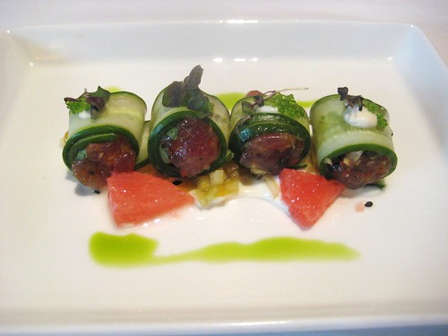 Cucumber Rolled Spicy Big Eye Tuna @ The Water Grill by you.