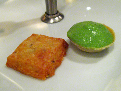 Nice nibbles to start. Cheese shortbread and pea puree tart, the latter of which I quite liked. Came with a pineapple and coconut foam.
