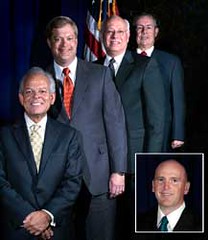 Newly elected Southern Baptist Convention officers for 2010 (front to back): Johnny Hunt, pastor of First Baptist Church in Woodstock, Ga., president; Stephen Rummage, pastor of Bell Shoals Baptist Church in Brandon, Fla., second vice president; John Yeats, communications director of the Louisiana Baptist Convention, recording secretary; and Jim Wells, director of missions for the Tri County Baptist Association in Nixa, Mo., registration secretary. (Lower right box) John Mark Toby, pastor of Beacon Hill Baptist Church in Somerset, Ky., first vice president.  Photo by Matt Miller. 