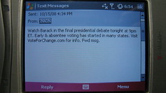Barack Obama Text Message - 10/15/08 - Watch Barack In The Final Presidential Debate by DavidErickson
