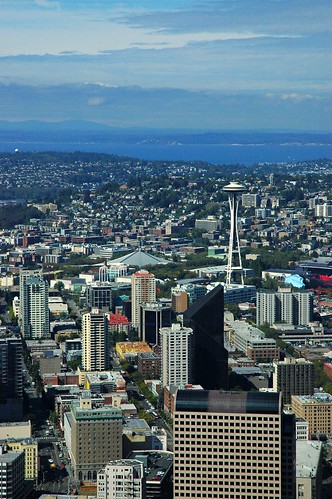 View of Seattle towers, and Space Needle, looking towards Puget Sound, Washington state, USA by Wonderlane