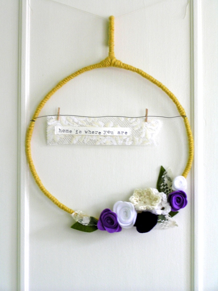  home is where you are - yarn wreath in mustard, purples, white, and ivory