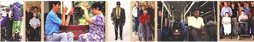 row of photos of people standing, sitting signing to each other, standing with glasses and cane, sitting in wheelchairs