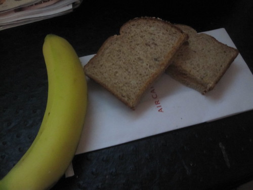 PB sandwich, banana in my hotel room