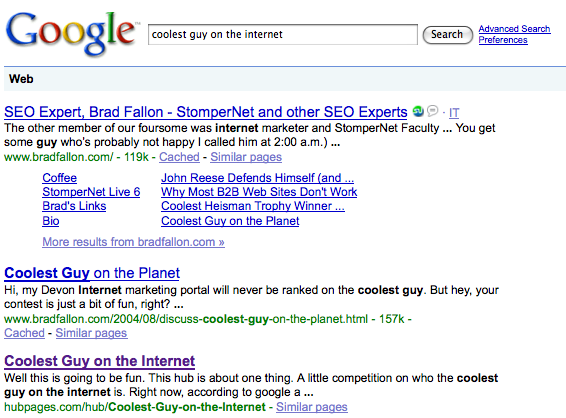 Coolest Guy on the Internet SERPs day 1