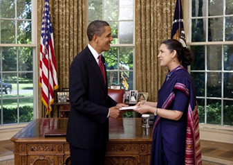 Indian Ambassador Meera Shankar presenting her credentials to President Barack Obama