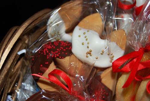 red and gold chocolate dipped fortune cookies