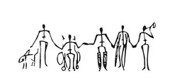 row of black stick figures holding hands, one in wheelchair, one with leg braces, one with crutches, one a child