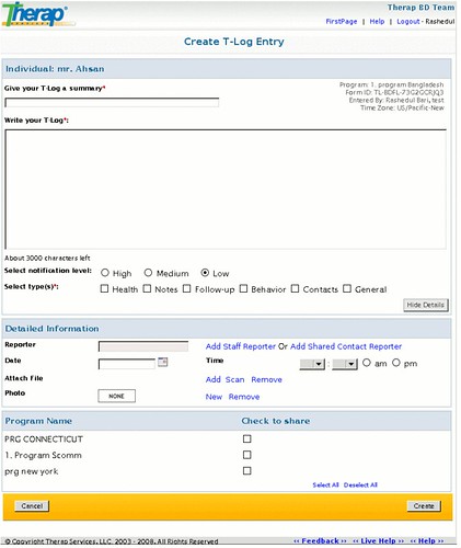 Screenshot of Create T-Log Entry page.
