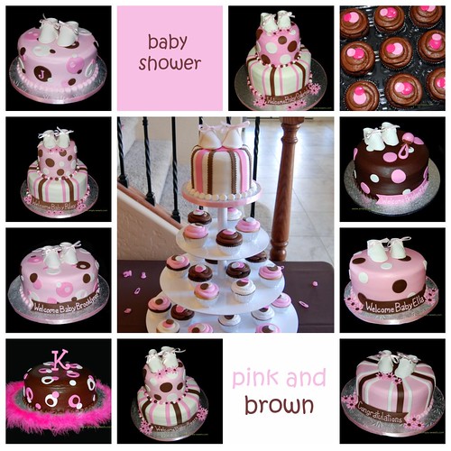 pink and brown baby shower cake and cupcakes