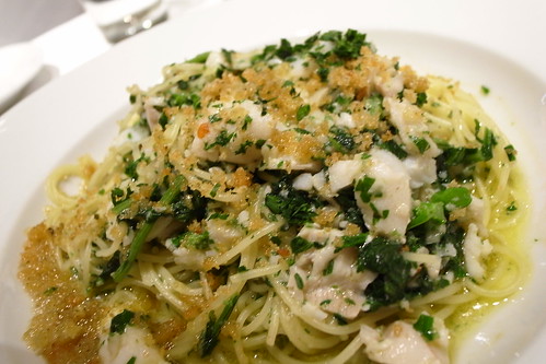 Capellini with Flaked Cod, Broccoli Rabe, Garlic, Chili, White Wine and Rustic Breadcrumbs