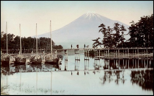 FOUR MEN ON A BRIDGE AT TAGONOURA in OLD JAPAN
