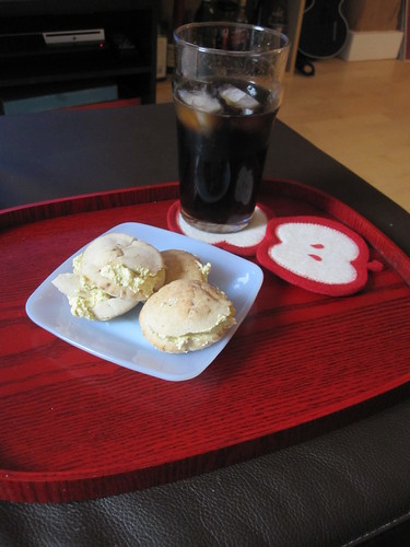 Pita stuffed with tofu spread, Diet Coke at home