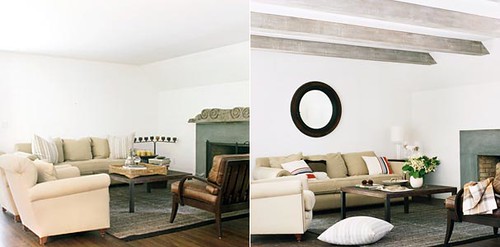 Before & after living room: Faux wood beams + round mirror by xJavierx.