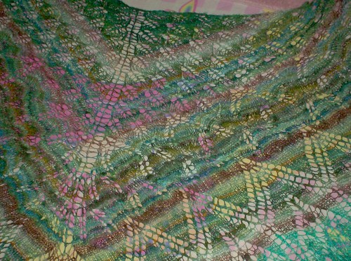 Knitted lace shawl Knitty Aeolian handspun silk stripes