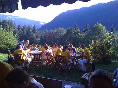 Eating together, overlooking the mountains
