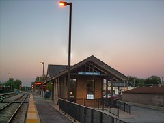 Twilight at the Metra, Chicago Ridge commuter rail station. Chicago Ridge Illinois. Late August 2007.