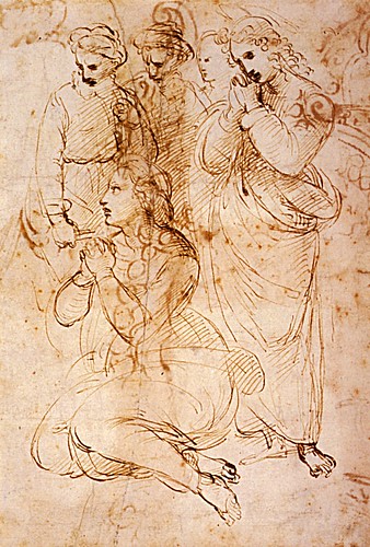 1507  Raphael    Studies for the EntomBibliothиque municipaleent, A group of figures in a Lamentation  Pen and brown Ink  25x16,9 cm  Londres, British Museum