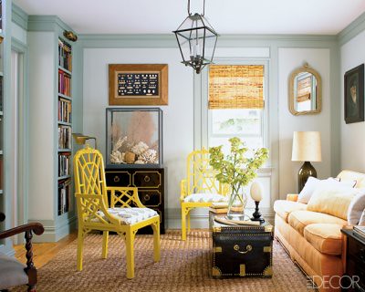 Blue + gray Benjamin Moore paint + yellow Chippendale chairs: Hamptons home from Elle Décor