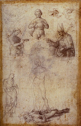 1501  Raphael    Studies for the Coronation of Saint Nicholas of Tolentino, recto  Black chalk  39,4x26,3 cm  Lille, Musйe des Beaux-Arts