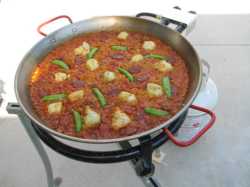 paella with artichokes and snap peas