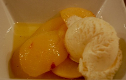 poached pears in saffron-vanilla syrup