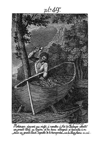 005-Robinson construyendo una canoa de un gran tronco de arbol