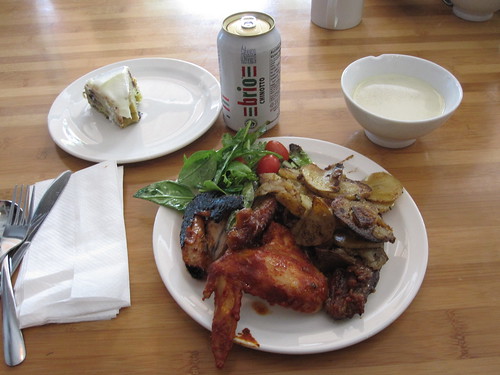 Chicken and duck wings, salad, roasted potatoes, fennel soup, Brio, zucchini and chocolate cake - $0.50