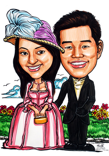 Victorian theme wedding couple caricatures
