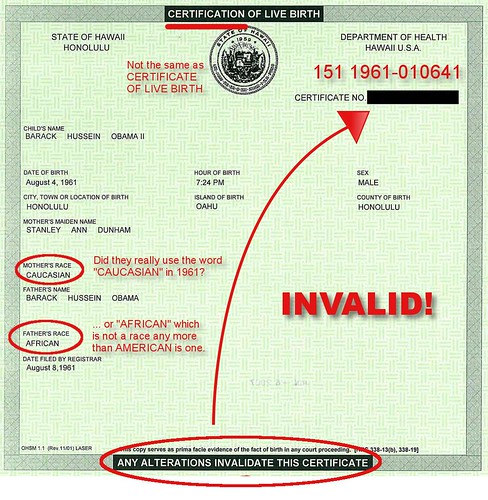 Obama's INVALID Certification of Live Birth