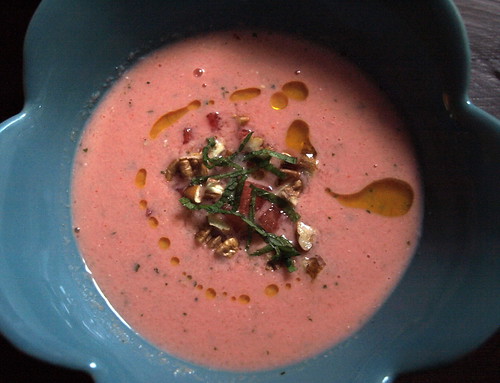 cold watermelon soup with Greek yogurt, mint, and toasted pecans