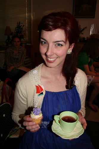 Me with cupcake and my lettuce-leaf tea cup, filled with champagne  