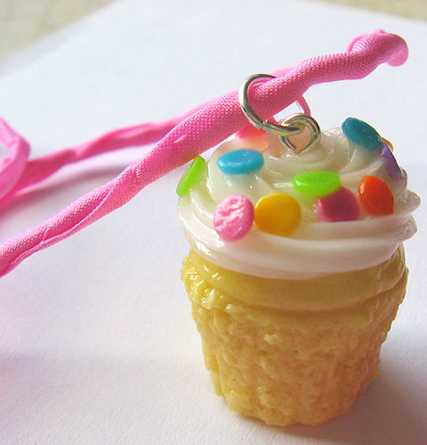 Custom Cupcake Necklace Pink Silk Cord
