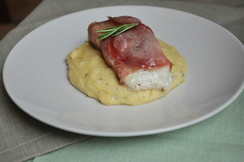  Proscuitto-Wrapped Halibut over Truffled Polenta
