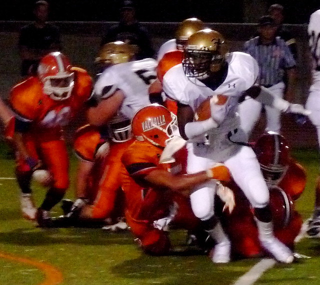 Good Counsel back STEFON DIGGS wrapped up by a Valhalla defender