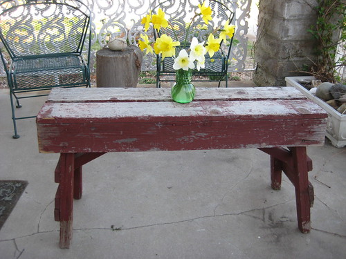 red bench on east porch