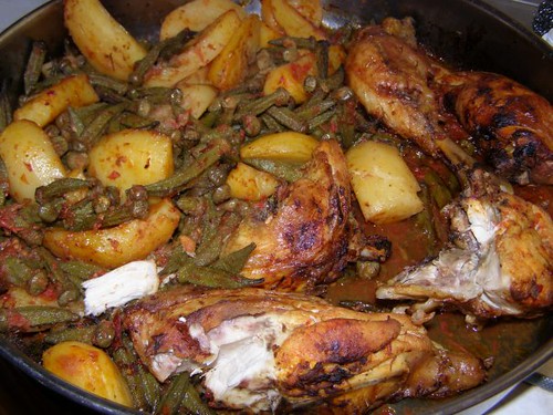 roast chicken and potatoes with okra