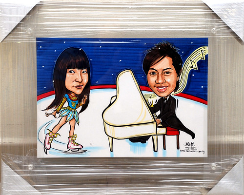 couple caricatures ice blading and pianist transparent acrylic frame