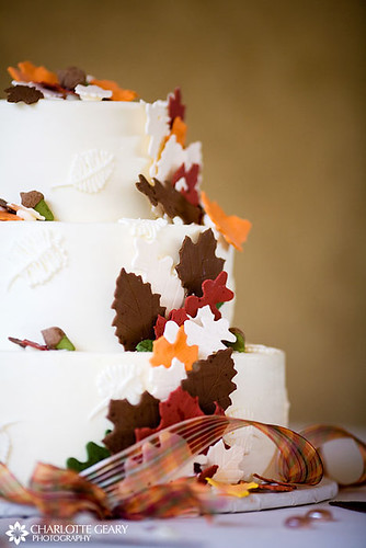 Wedding cake with sugar autumn leaves