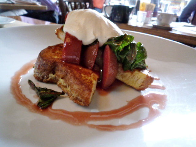 Vanilla brioche French toast with star anise poached plums, amaretto mascarpone and fresh basil
