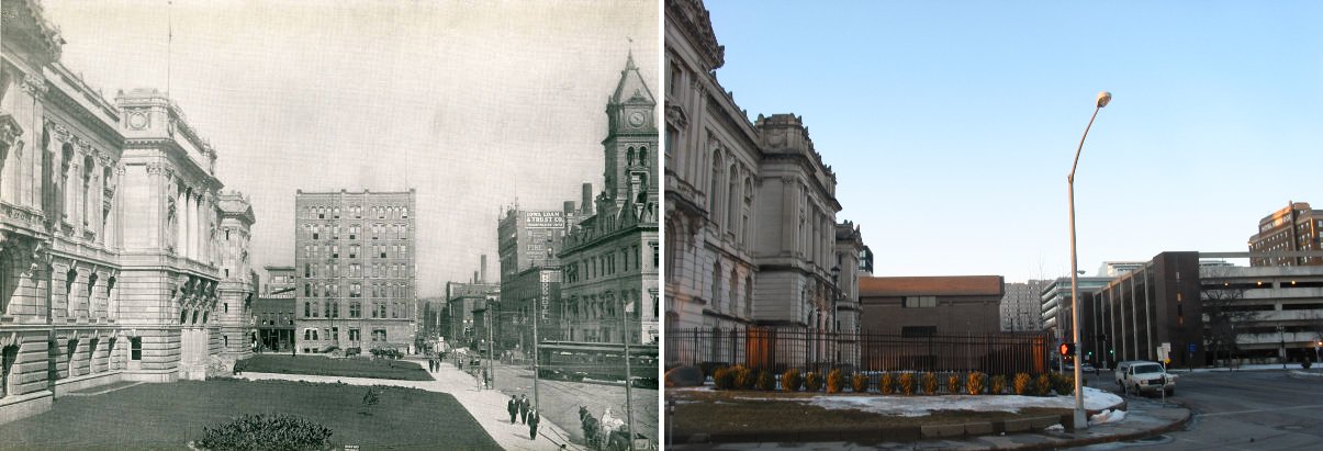 Polk County courthouse, looking North, 1911 and 2009