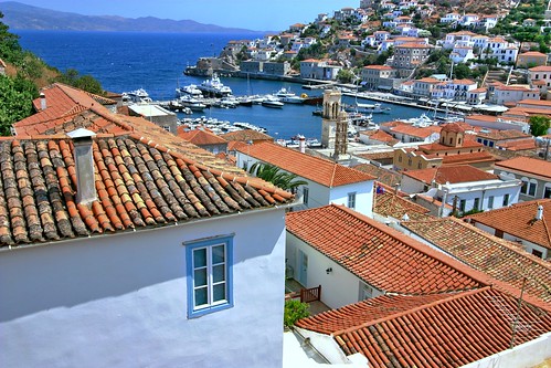 Red-tiled roofs and seascape
