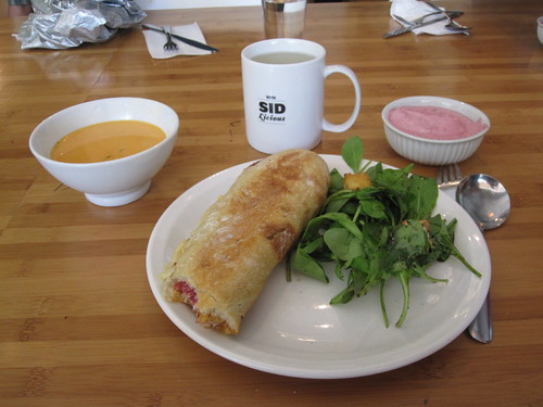 Lentil soup, salami panini, salad lemonade and berry mousse from the bistro - $6