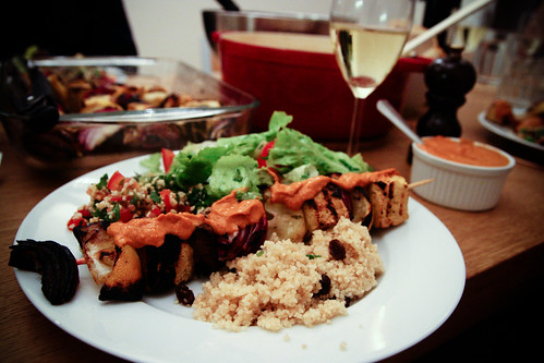 Tofu kebabs with couscous, tabbouleh and salad