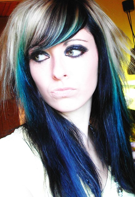 blue and black hair emo. emo scene girl bibi barbaric. black blonde blue green hair style