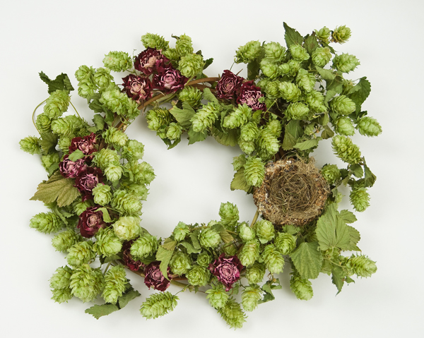 Wreath with hops and roses by Elissa Shaffo