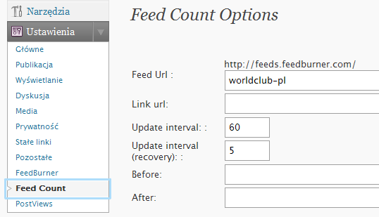 Konfiguracja wtyczki Feed Count w panelu