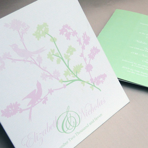 Lovebirds pink wedding invitation from mini Moko, Wedding invitation idea, wedding invitation sample, lovebird, wedding invitation, flowers, photos