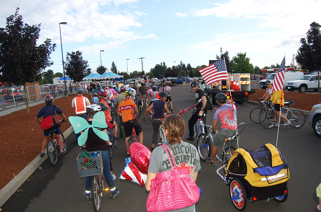 The bike parade moving out from the fairgrounds.